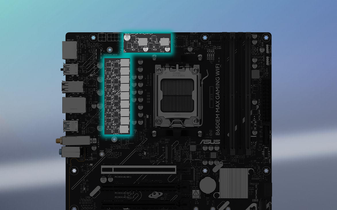 The B650EM MAX GAMING WIFI motherboard features Digital Power Design. 